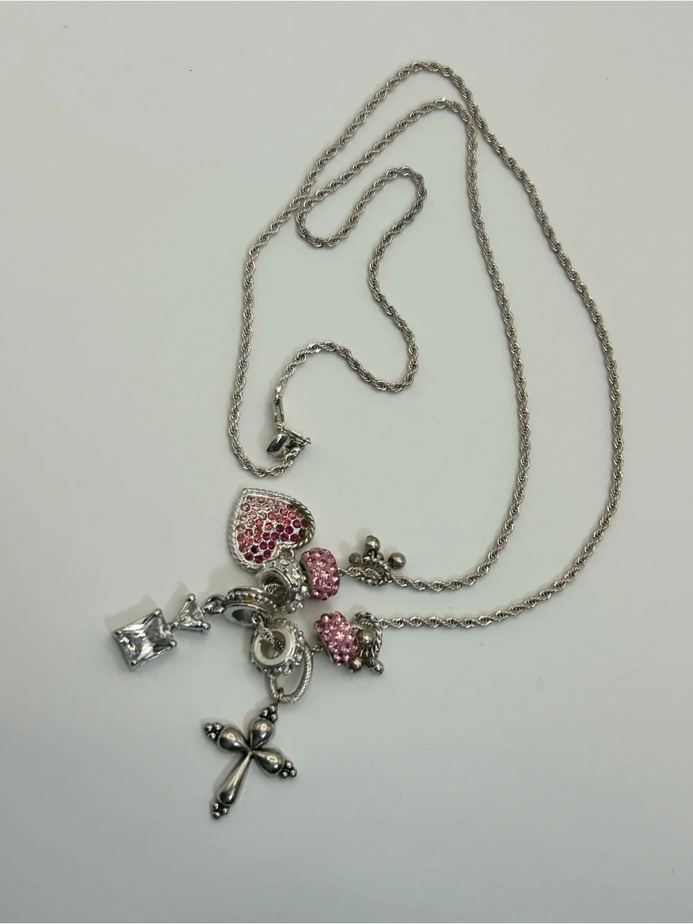 Sparkling Pink Crystals Charm Necklace Silver-tone Cross 30